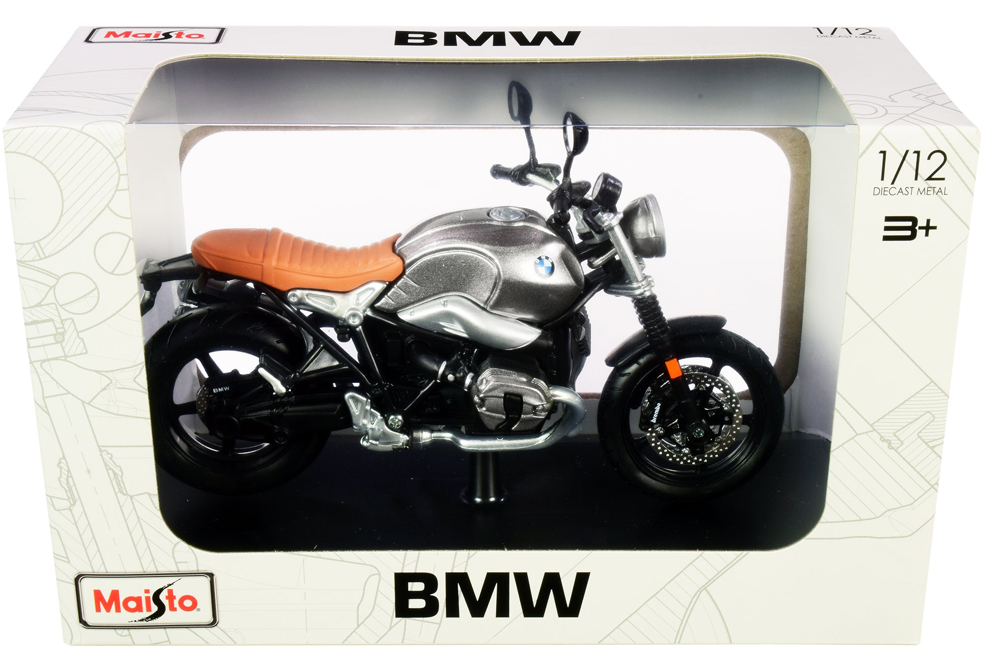 BMW R nineT Scrambler Meatllic Gray with Plastic Display Stand 1/12 Diecast Motorcycle Model by Maisto - image 3