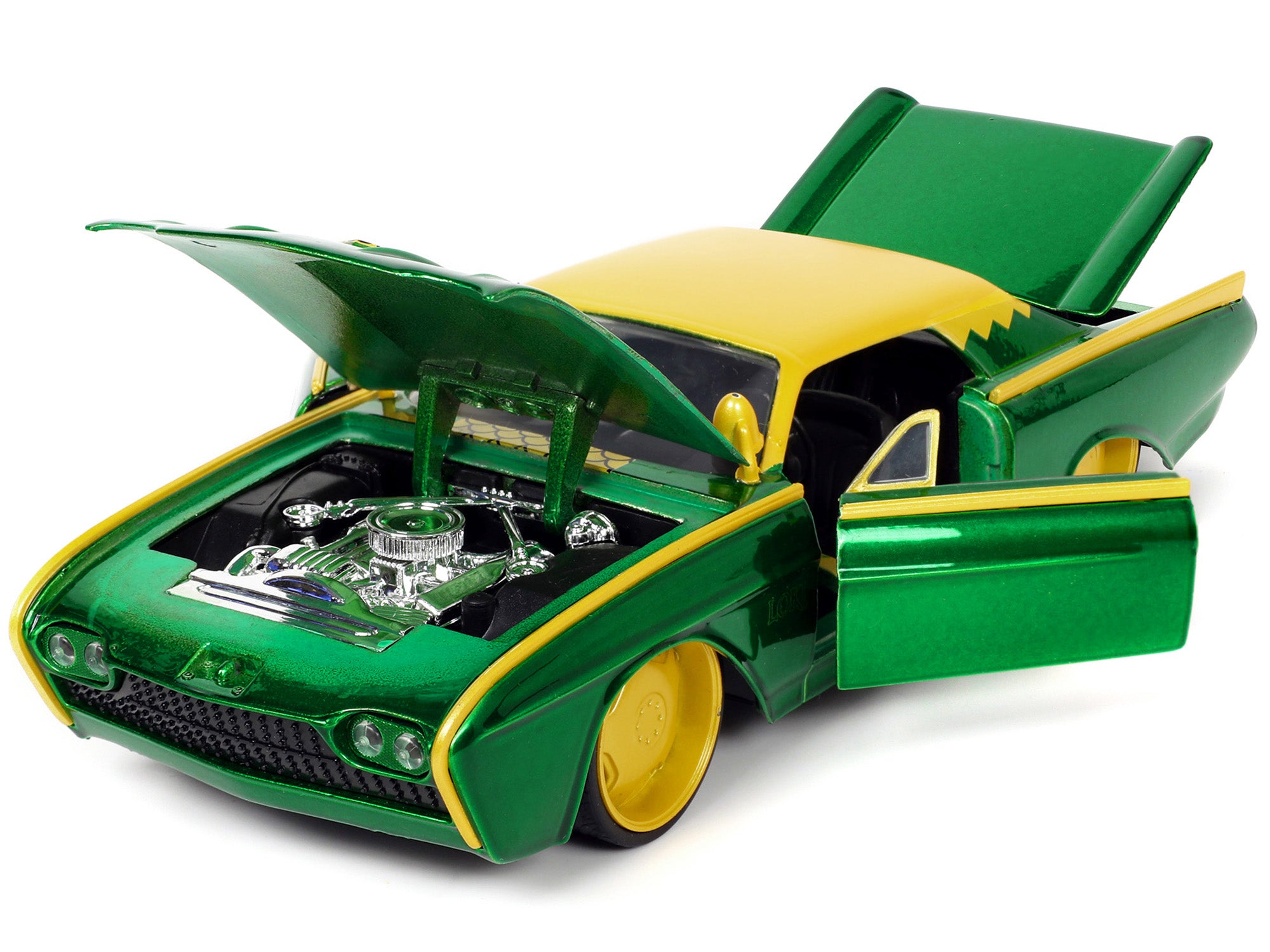 1963 Ford Thunderbird Green and Yellow Metallic with Hood Graphics and Loki Diecast Figure "Loki" "Marvel" Series 1/24 Diecast Model Car by Jada - image 2