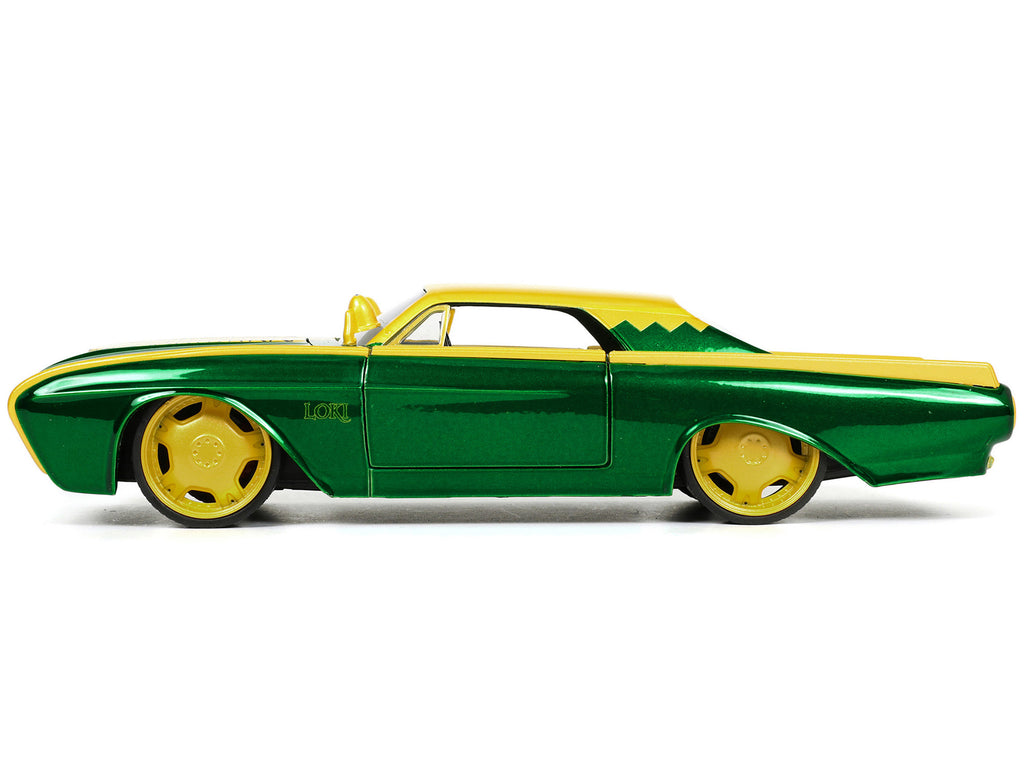1963 Ford Thunderbird Green and Yellow Metallic with Hood Graphics and Loki Diecast Figure "Loki" "Marvel" Series 1/24 Diecast Model Car by Jada - image 3