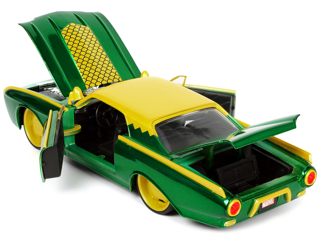 1963 Ford Thunderbird Green and Yellow Metallic with Hood Graphics and Loki Diecast Figure "Loki" "Marvel" Series 1/24 Diecast Model Car by Jada - image 4