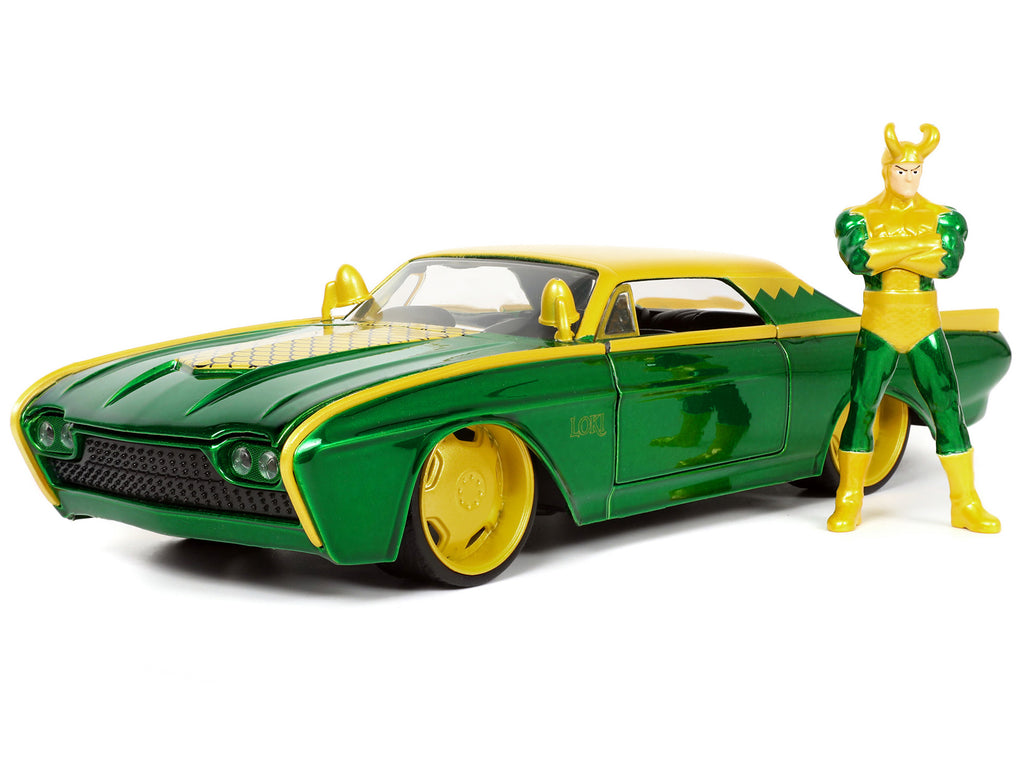 1963 Ford Thunderbird Green and Yellow Metallic with Hood Graphics and Loki Diecast Figure "Loki" "Marvel" Series 1/24 Diecast Model Car by Jada - image 5