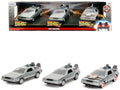 "Back to the Future" Delorean Set of 3 pieces "Hollywood Rides" Series 1/32 Diecast Model Car by Jada