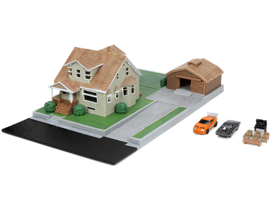 Toretto House Diorama with Dodge Charger Black and Toyota Supra Orange with Graphics "Fast and Furious" "Nano Scene" Series Models by Jada - image 2