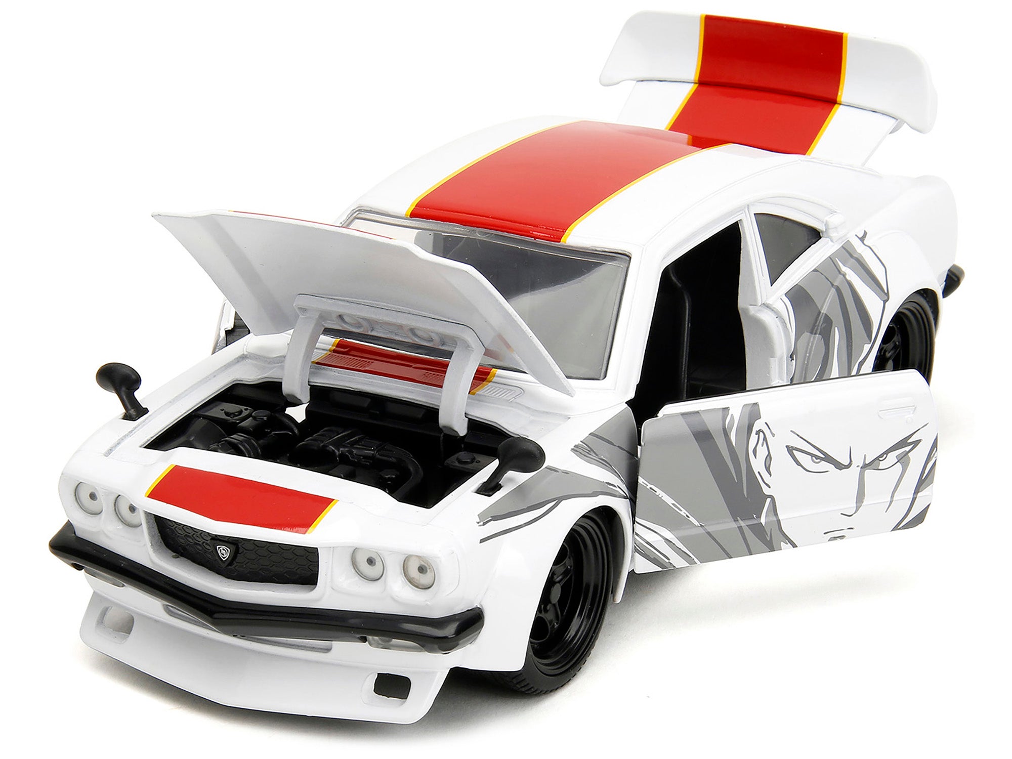 1974 Mazda RX-3 White with Red Stripe and Graphics and Saitama Diecast Figure "One Punch Man" (2015-2019) TV Series 1/24 Diecast Model Car by Jada - image 2