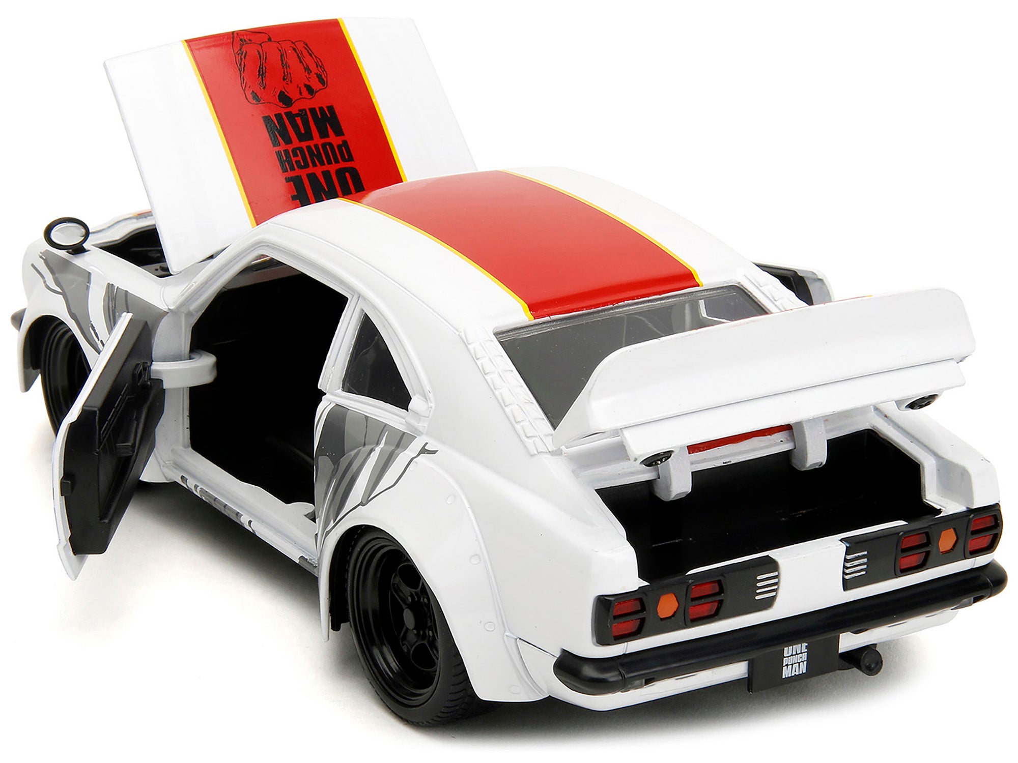 1974 Mazda RX-3 White with Red Stripe and Graphics and Saitama Diecast Figure "One Punch Man" (2015-2019) TV Series 1/24 Diecast Model Car by Jada - image 4