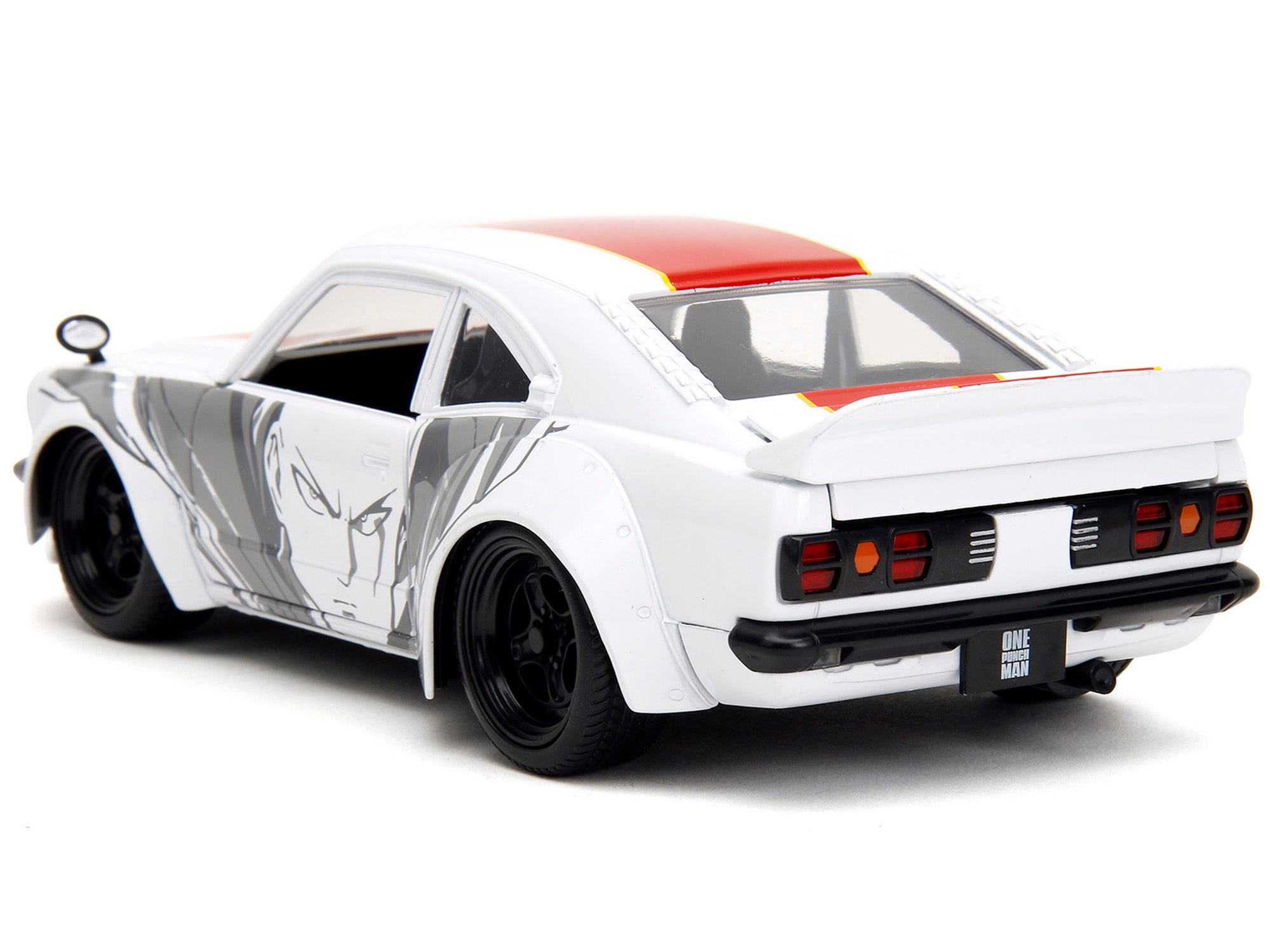 1974 Mazda RX-3 White with Red Stripe and Graphics and Saitama Diecast Figure "One Punch Man" (2015-2019) TV Series 1/24 Diecast Model Car by Jada - image 3