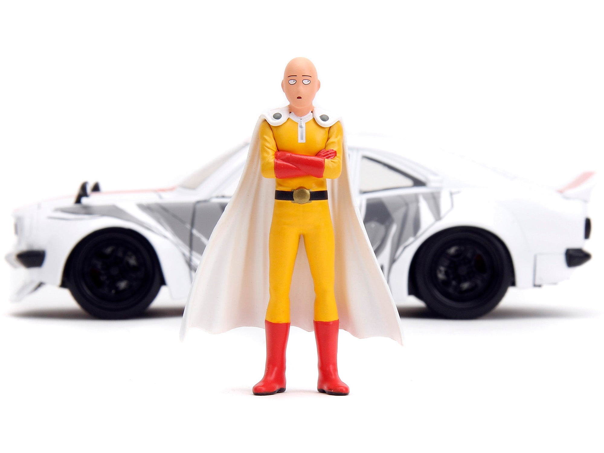 1974 Mazda RX-3 White with Red Stripe and Graphics and Saitama Diecast Figure "One Punch Man" (2015-2019) TV Series 1/24 Diecast Model Car by Jada - image 5