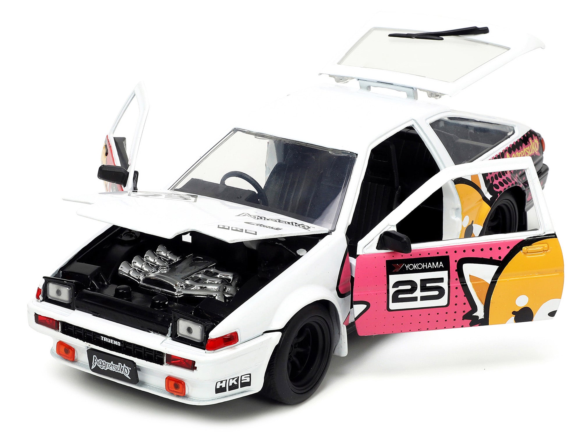 1986 Toyota Trueno (AE86) RHD (Right Hand Drive) #25 White with Graphics and Aggretsuko Diecast Figure "Aggretsuko" "Anime Hollywood Rides" Series 1/24 Diecast Model Car by Jada - image 2