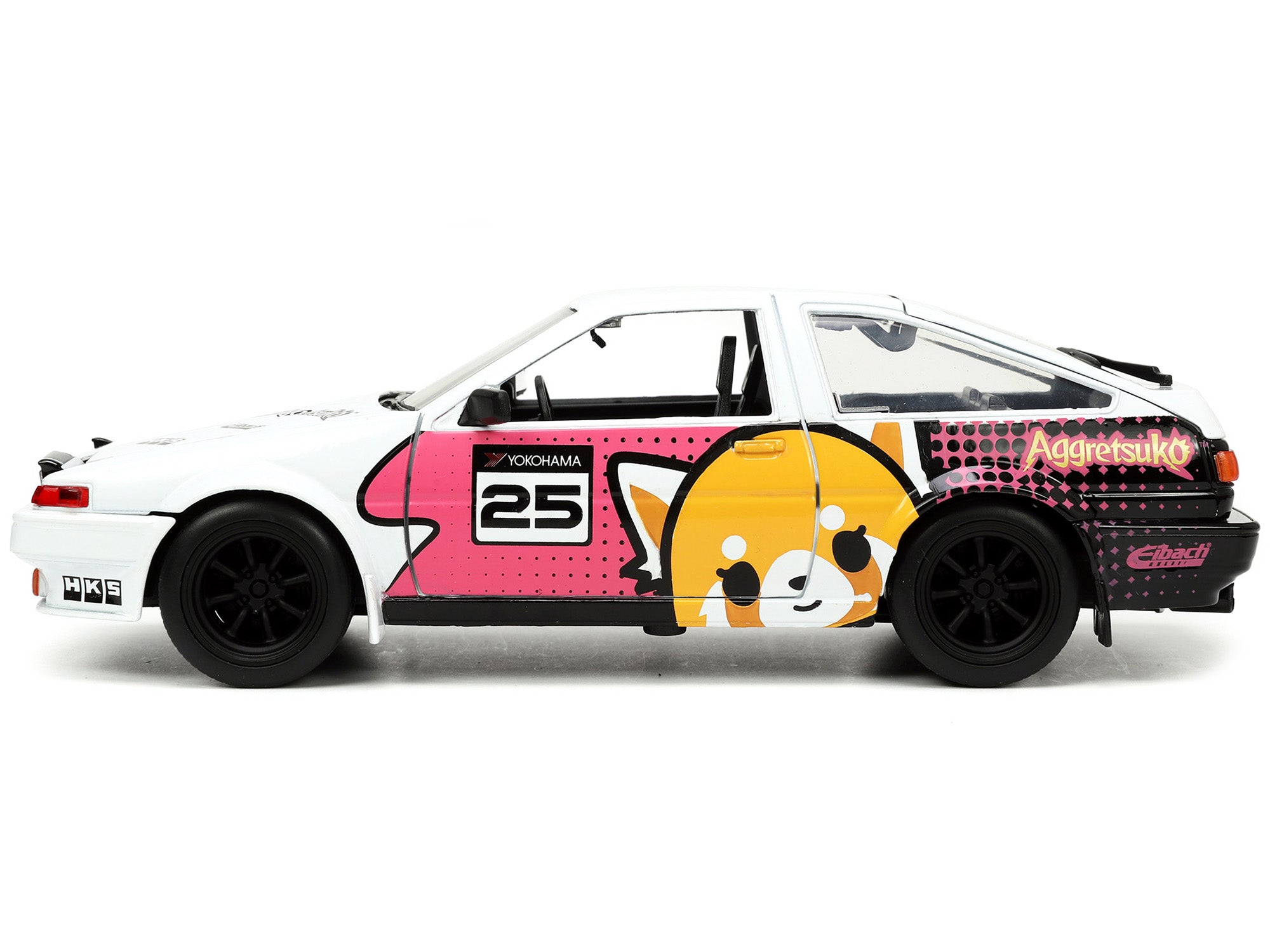1986 Toyota Trueno (AE86) RHD (Right Hand Drive) #25 White with Graphics and Aggretsuko Diecast Figure "Aggretsuko" "Anime Hollywood Rides" Series 1/24 Diecast Model Car by Jada - image 3