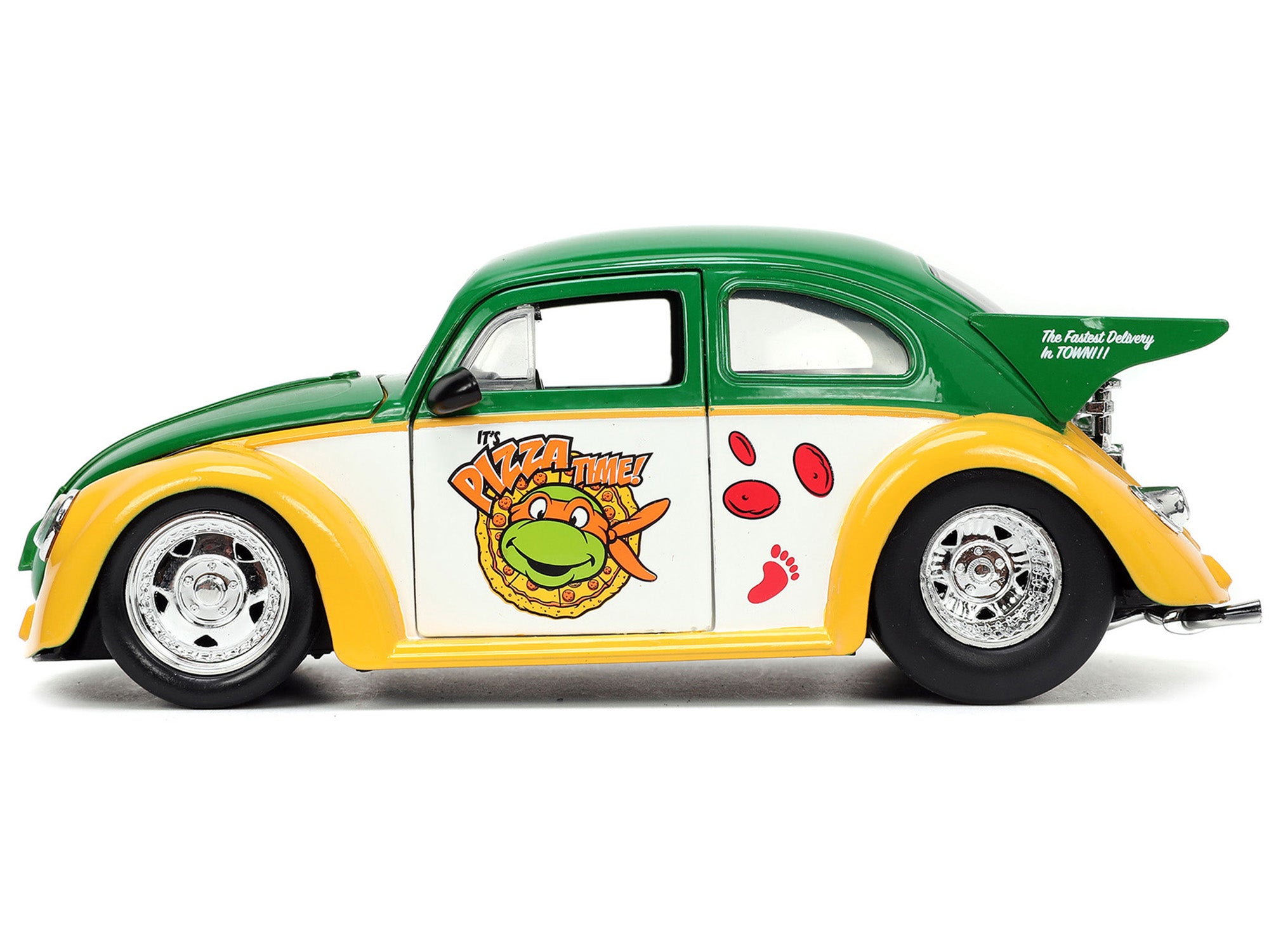 1959 Volkswagen Drag Beetle Green and Yellow and Michelangelo Diecast Figure "Teenage Mutant Ninja Turtles" "Hollywood Rides" Series 1/24 Diecast Model Car by Jada - image 3
