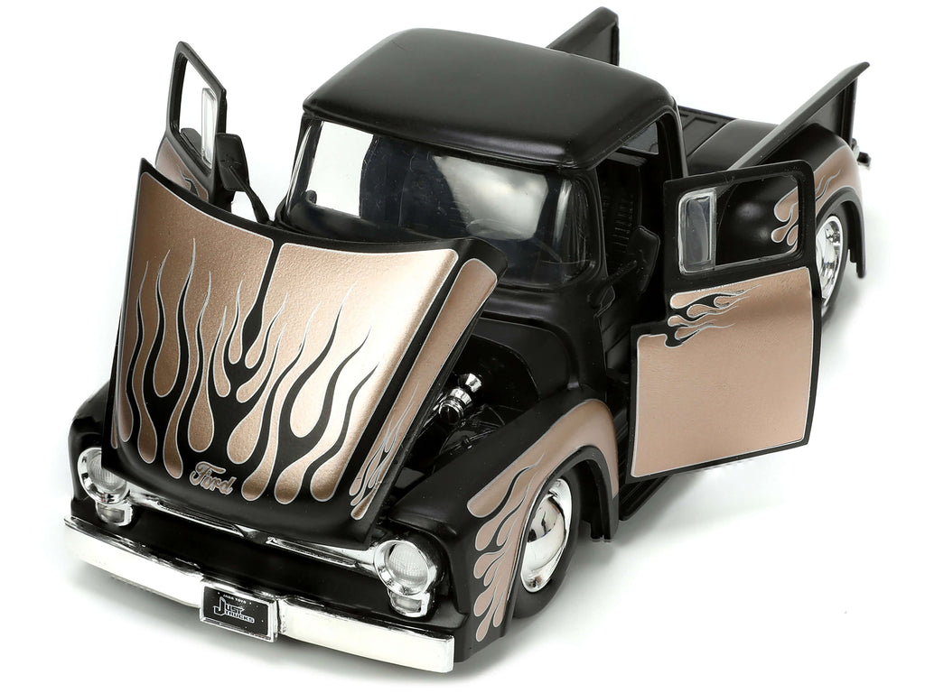 1956 Ford F-100 Pickup Truck Matt Black and Champagne with Flames with Extra Wheels "Just Trucks" Series 1/24 Diecast Model Car by Jada - image 2