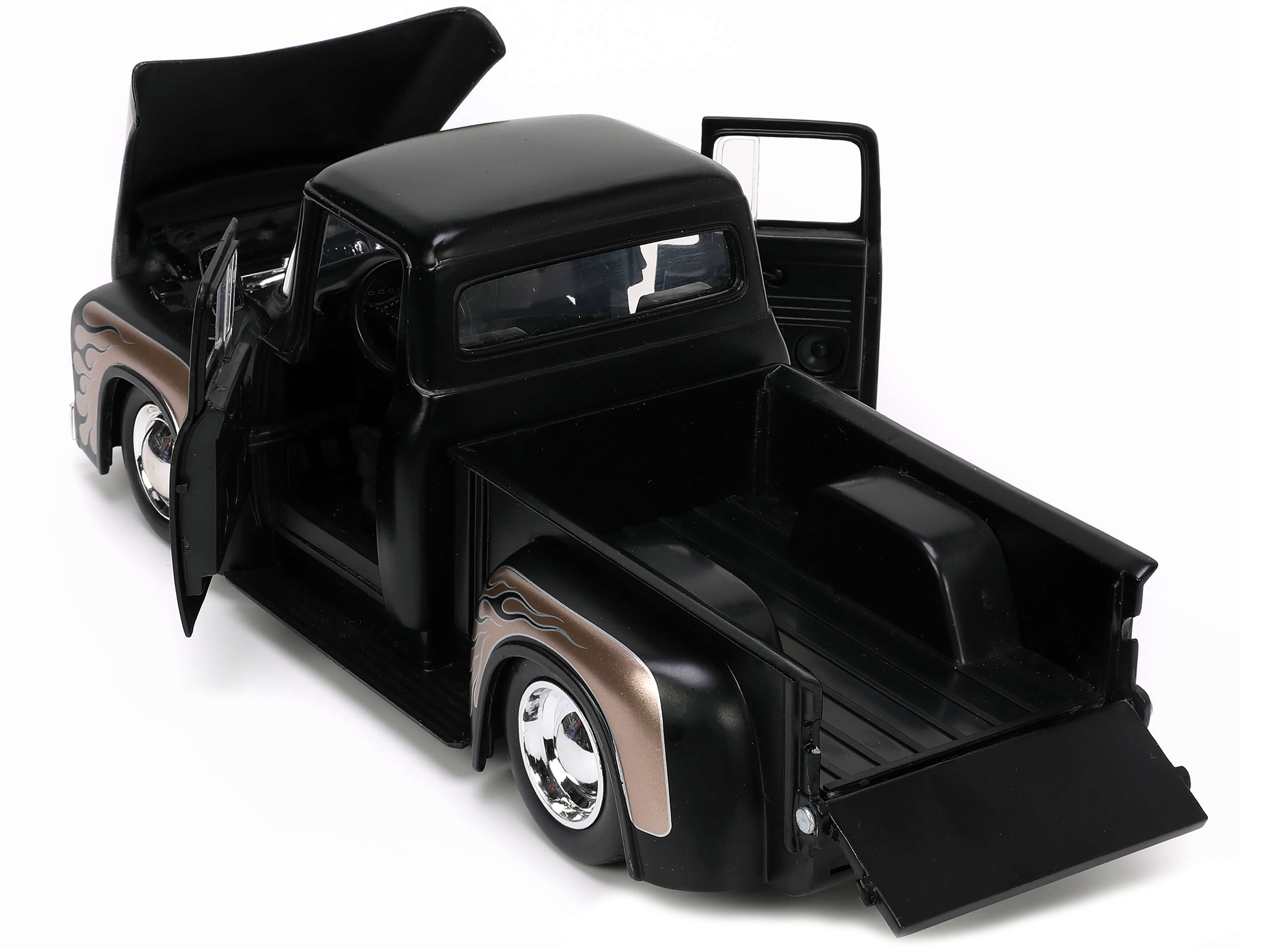 1956 Ford F-100 Pickup Truck Matt Black and Champagne with Flames with Extra Wheels "Just Trucks" Series 1/24 Diecast Model Car by Jada - image 3