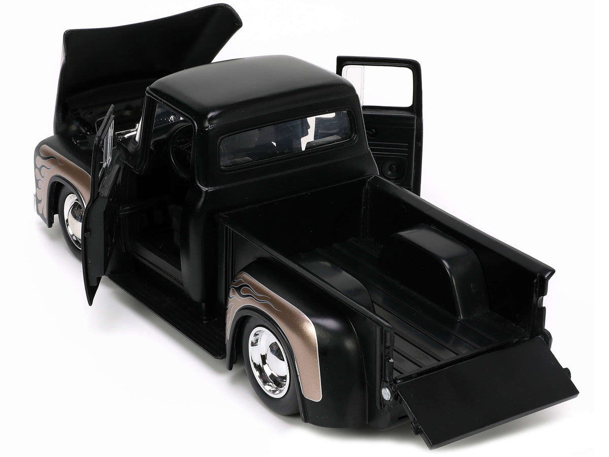 1956 Ford F-100 Pickup Truck Matt Black and Champagne with Flames with Extra Wheels "Just Trucks" Series 1/24 Diecast Model Car by Jada - image 3