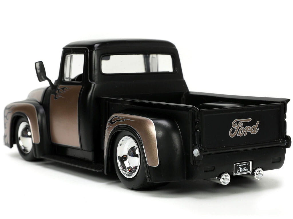 1956 Ford F-100 Pickup Truck Matt Black and Champagne with Flames with Extra Wheels "Just Trucks" Series 1/24 Diecast Model Car by Jada - image 4