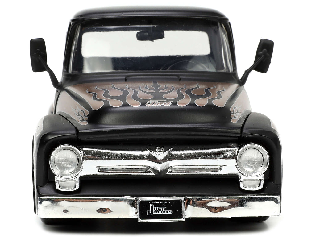 1956 Ford F-100 Pickup Truck Matt Black and Champagne with Flames with Extra Wheels "Just Trucks" Series 1/24 Diecast Model Car by Jada - image 5