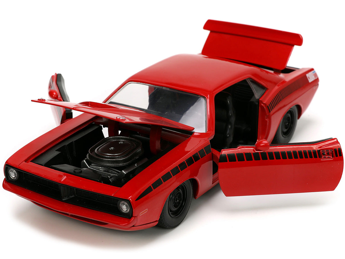 1973 Plymouth Barracuda Red with Black Stripes "Bigtime Muscle" Series 1/24 Diecast Model Car by Jada - image 2