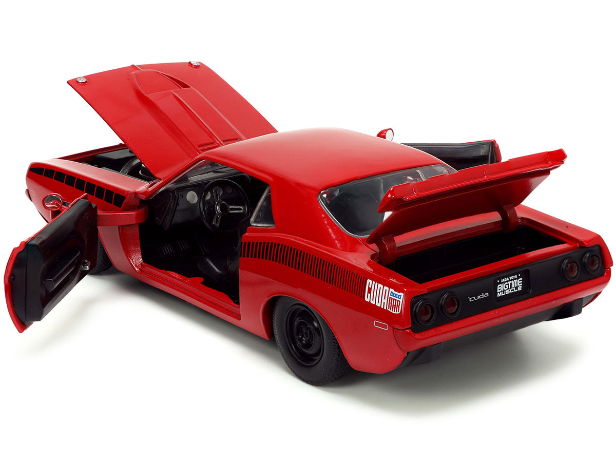 1973 Plymouth Barracuda Red with Black Stripes "Bigtime Muscle" Series 1/24 Diecast Model Car by Jada - image 3