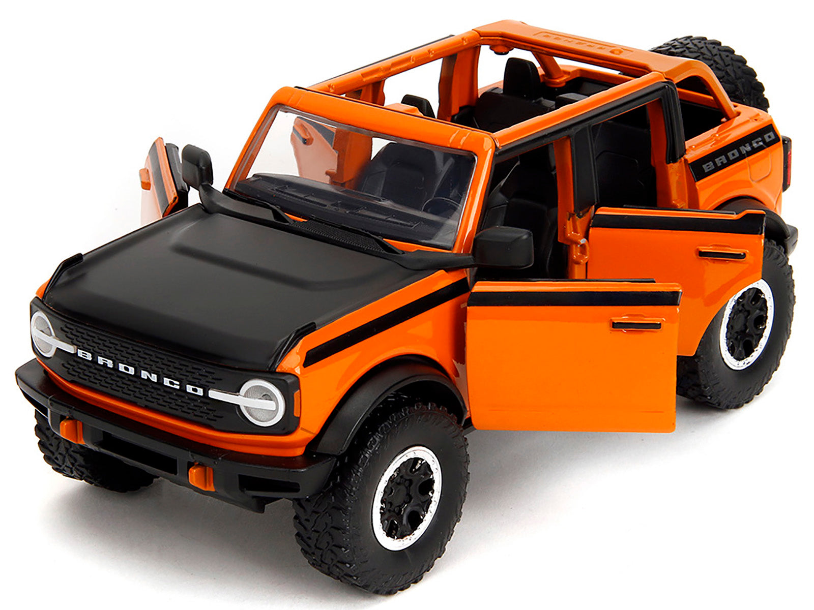 2021 Ford Bronco Open-Top Orange with Black Stripes and Hood with Extra Wheels "Just Trucks" Series 1/24 Diecast Model Car by Jada - image 2
