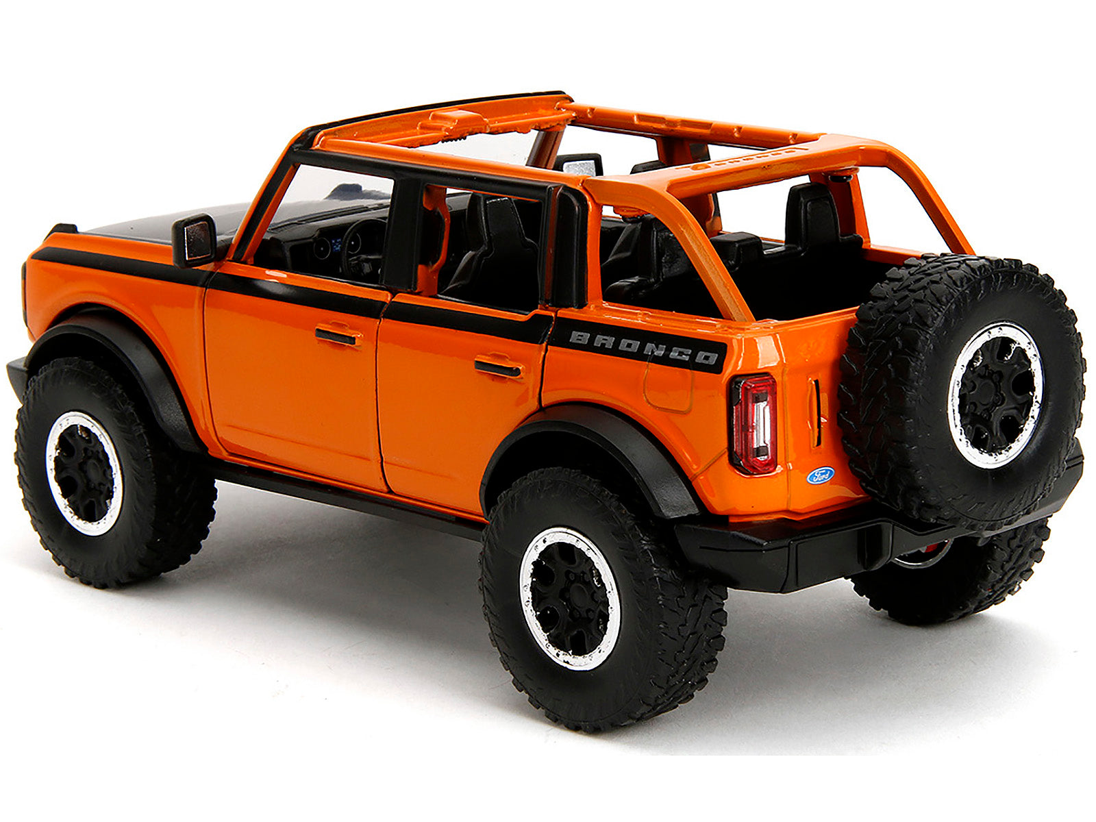 2021 Ford Bronco Open-Top Orange with Black Stripes and Hood with Extra Wheels "Just Trucks" Series 1/24 Diecast Model Car by Jada - image 5