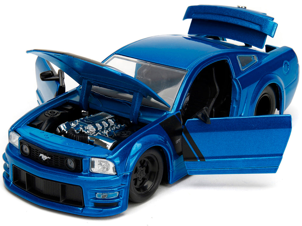 2006 Ford Mustang GT Blue Metallic with Matt Black Hood and Stripes "Bigtime Muscle" Series 1/24 Diecast Model Car by Jada - image 2