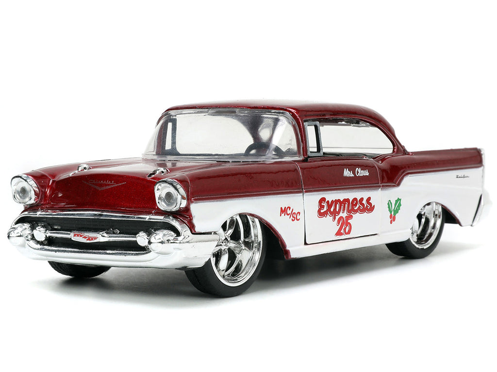 1941 Ford Pickup Truck Red and White "Santa's Workshop" and 1957 Chevrolet Bel Air Red Metallic and White "Express 25" with Mr. and Mrs. Santa Claus Diecast Figures "Holiday Rides" Series 1/32 Diecast Model Cars by Jada - image 4