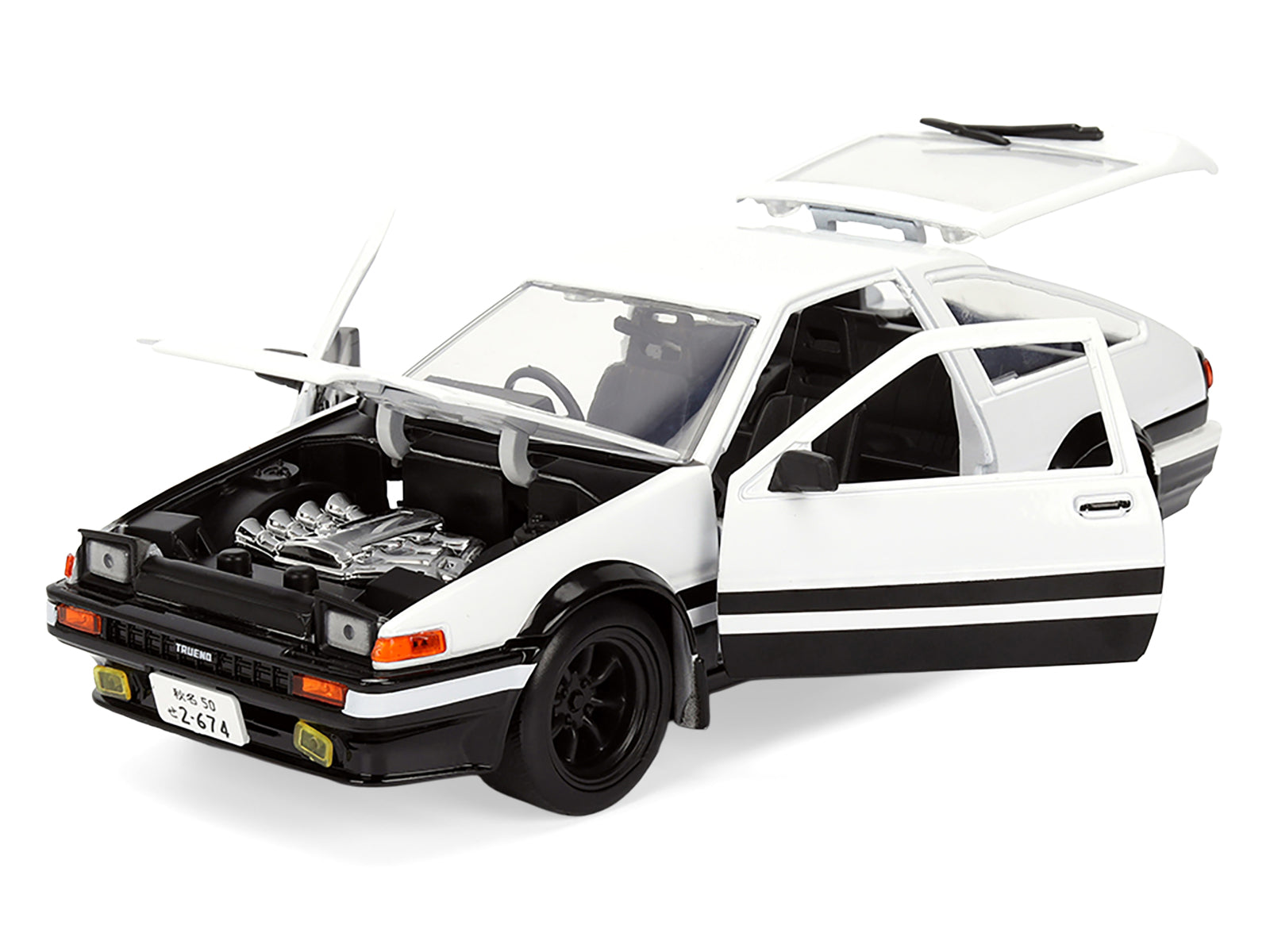 Toyota Trueno (AE86) RHD (Right Hand Drive) White and Black with Graphics and Takumi Diecast Figure "Initial D" (1998-2021) TV Series "Anime Hollywood Rides" Series 1/24 Diecast Model by Jada - image 3