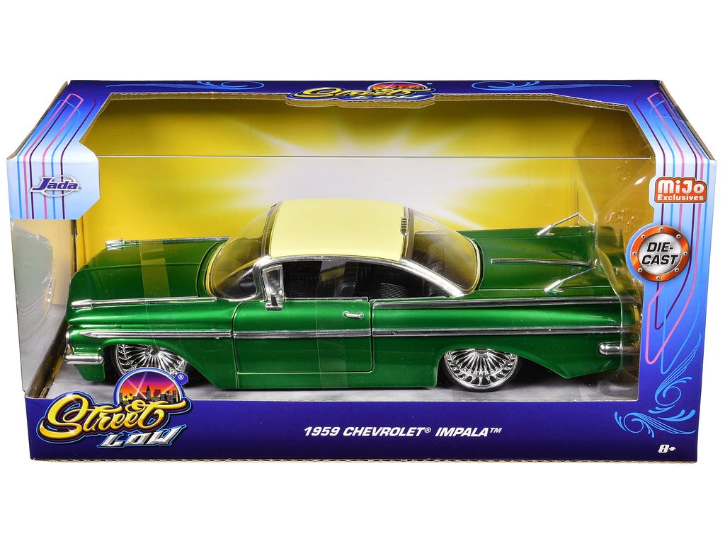 1959 Chevrolet Impala Lowrider Green Metallic with Cream Top and DUB Wire Wheels "Street Low" Series 1/24 Diecast Model Car by Jada - image 3