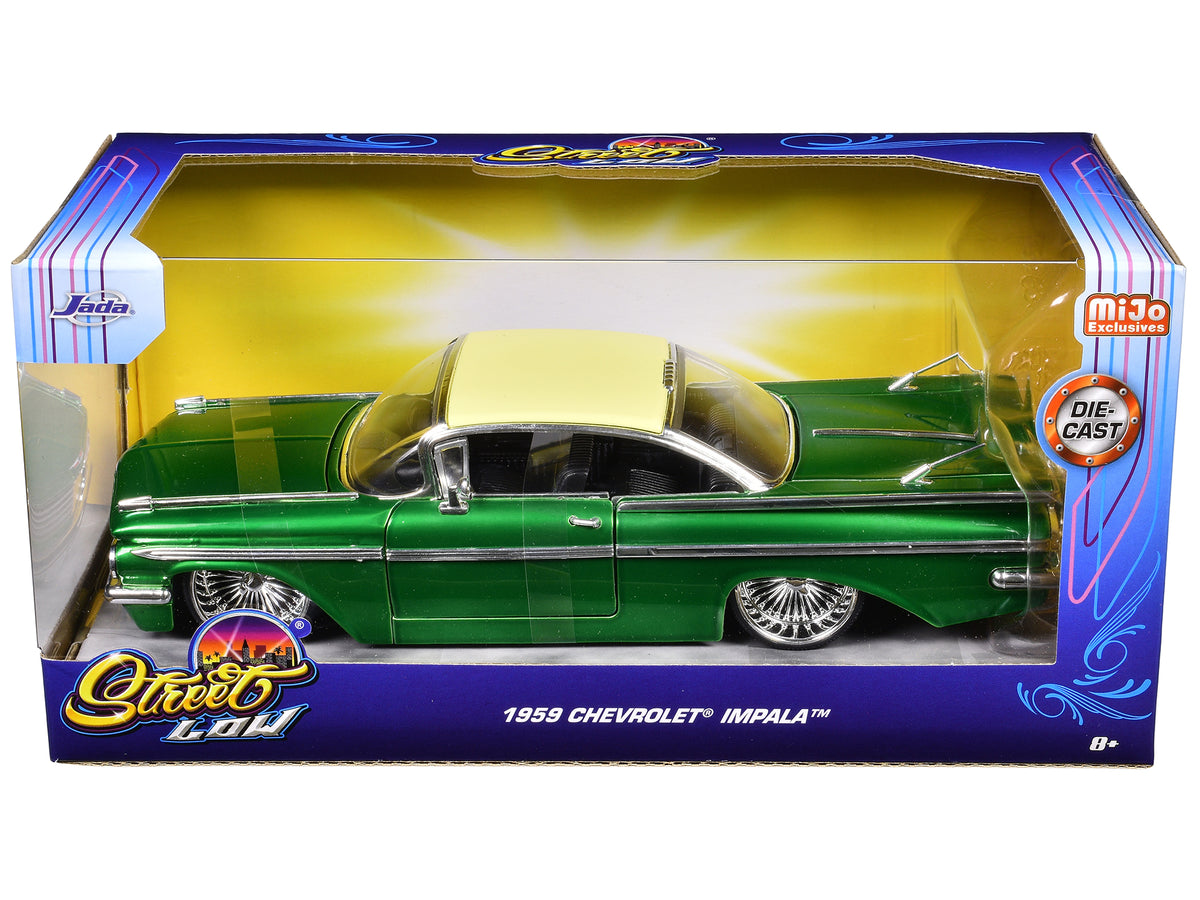 1959 Chevrolet Impala Lowrider Green Metallic with Cream Top and DUB Wire Wheels "Street Low" Series 1/24 Diecast Model Car by Jada - image 3