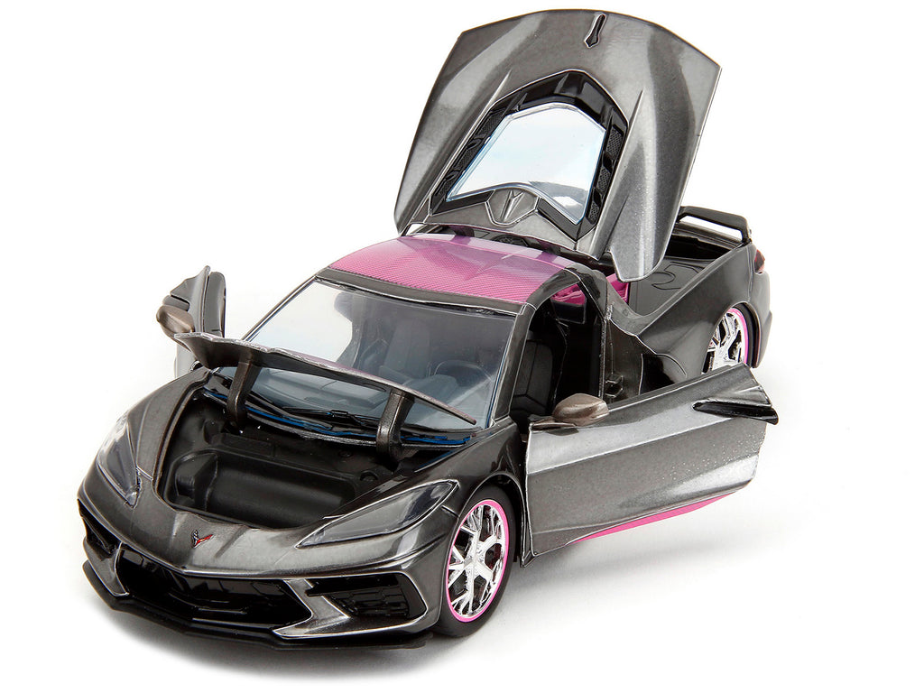 2020 Chevrolet Corvette Stingray Gray Metallic with Pink Carbon Hood and Top "Pink Slips" Series 1/24 Diecast Model Car by Jada - image 2