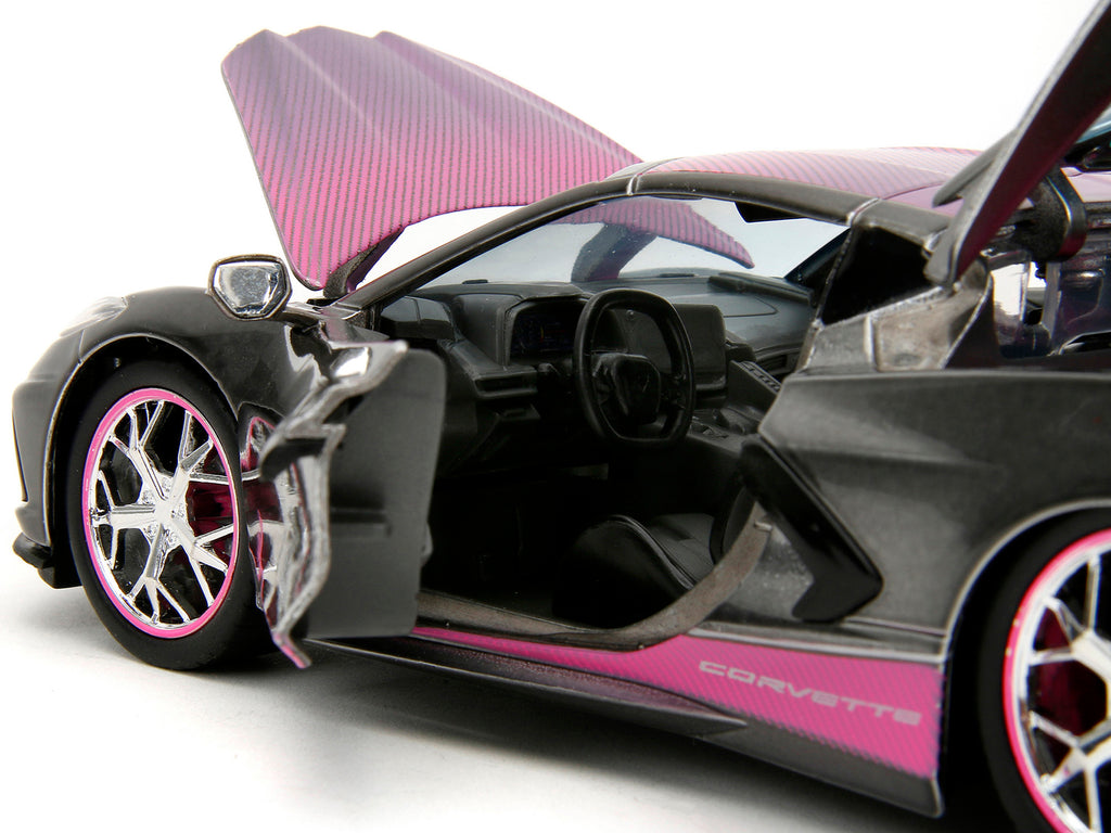 2020 Chevrolet Corvette Stingray Gray Metallic with Pink Carbon Hood and Top "Pink Slips" Series 1/24 Diecast Model Car by Jada - image 3
