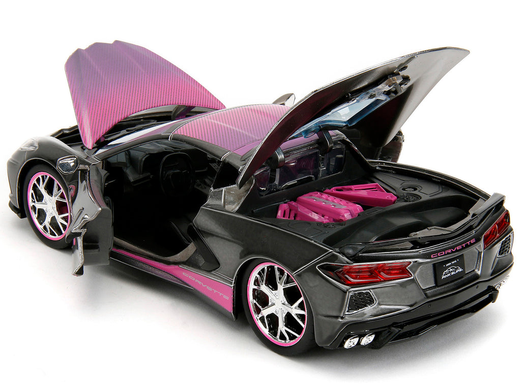 2020 Chevrolet Corvette Stingray Gray Metallic with Pink Carbon Hood and Top "Pink Slips" Series 1/24 Diecast Model Car by Jada - image 5