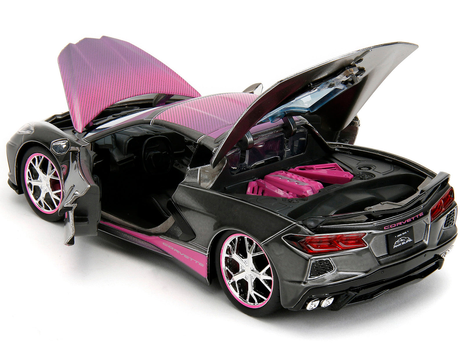 2020 Chevrolet Corvette Stingray Gray Metallic with Pink Carbon Hood and Top "Pink Slips" Series 1/24 Diecast Model Car by Jada - image 5