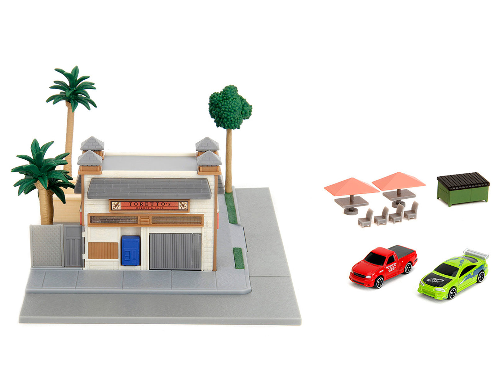 Toretto Cafe Diorama with Mitsubishi Eclipse Green and Ford F-150 SVT Lightning Red "Fast and Furious" "Nano Scene" Series Model by Jada - image 2
