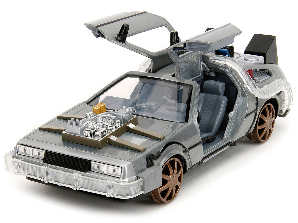 DeLorean Brushed Metal Time Machine (Train Wheel Version) with Lights "Back to the Future Part III" (1990) Movie "Hollywood Rides" Series 1/24 Diecast Model Car by Jada - image 2