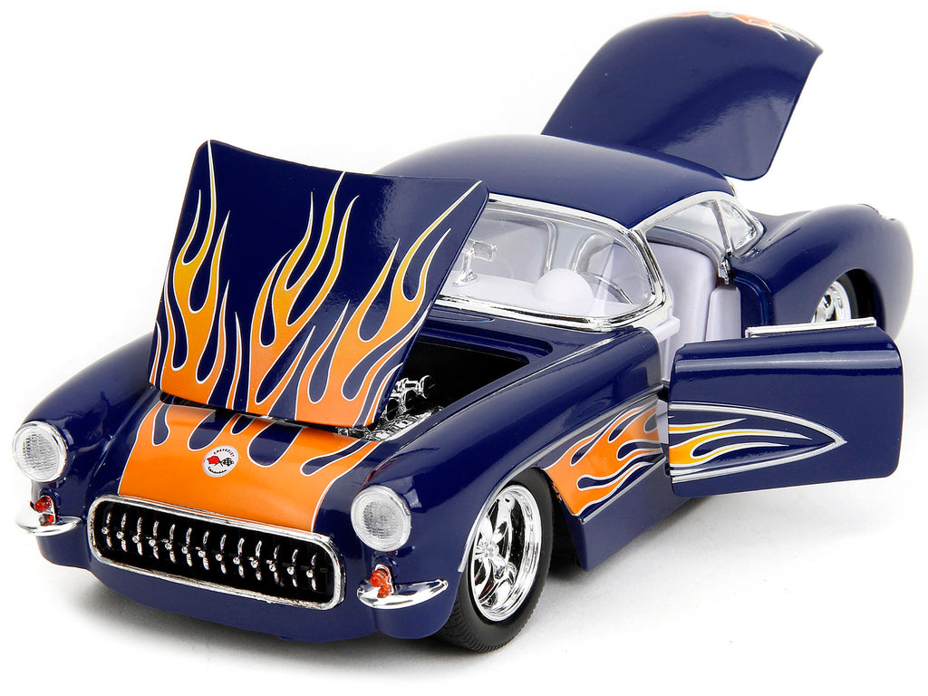 1957 Chevrolet Corvette Dark Blue with Flame Graphics and White Interior "Bigtime Muscle" Series 1/24 Diecast Model Car by Jada - image 2