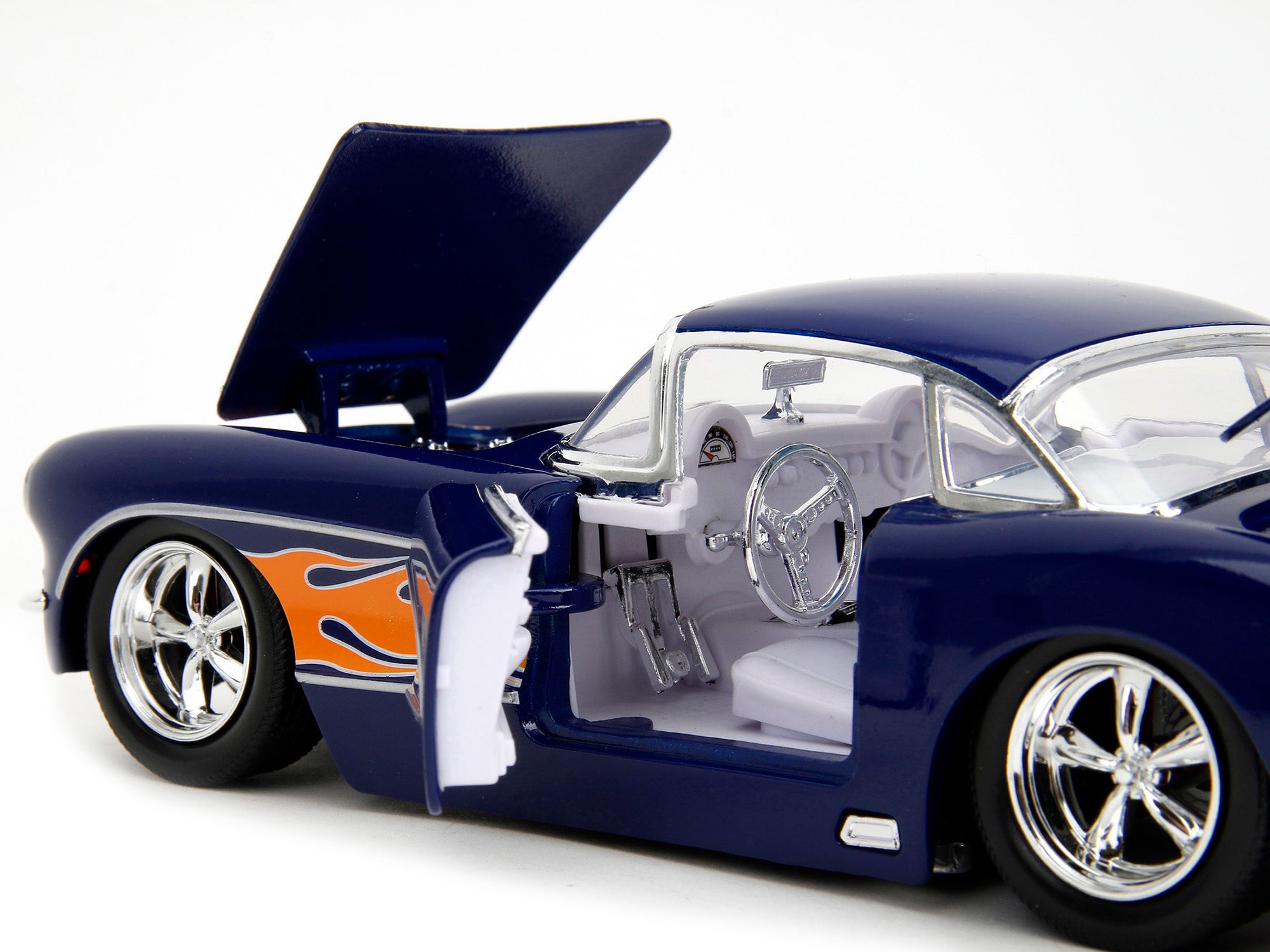 1957 Chevrolet Corvette Dark Blue with Flame Graphics and White Interior "Bigtime Muscle" Series 1/24 Diecast Model Car by Jada - image 3