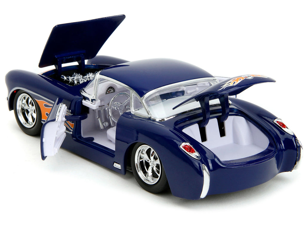 1957 Chevrolet Corvette Dark Blue with Flame Graphics and White Interior "Bigtime Muscle" Series 1/24 Diecast Model Car by Jada - image 4