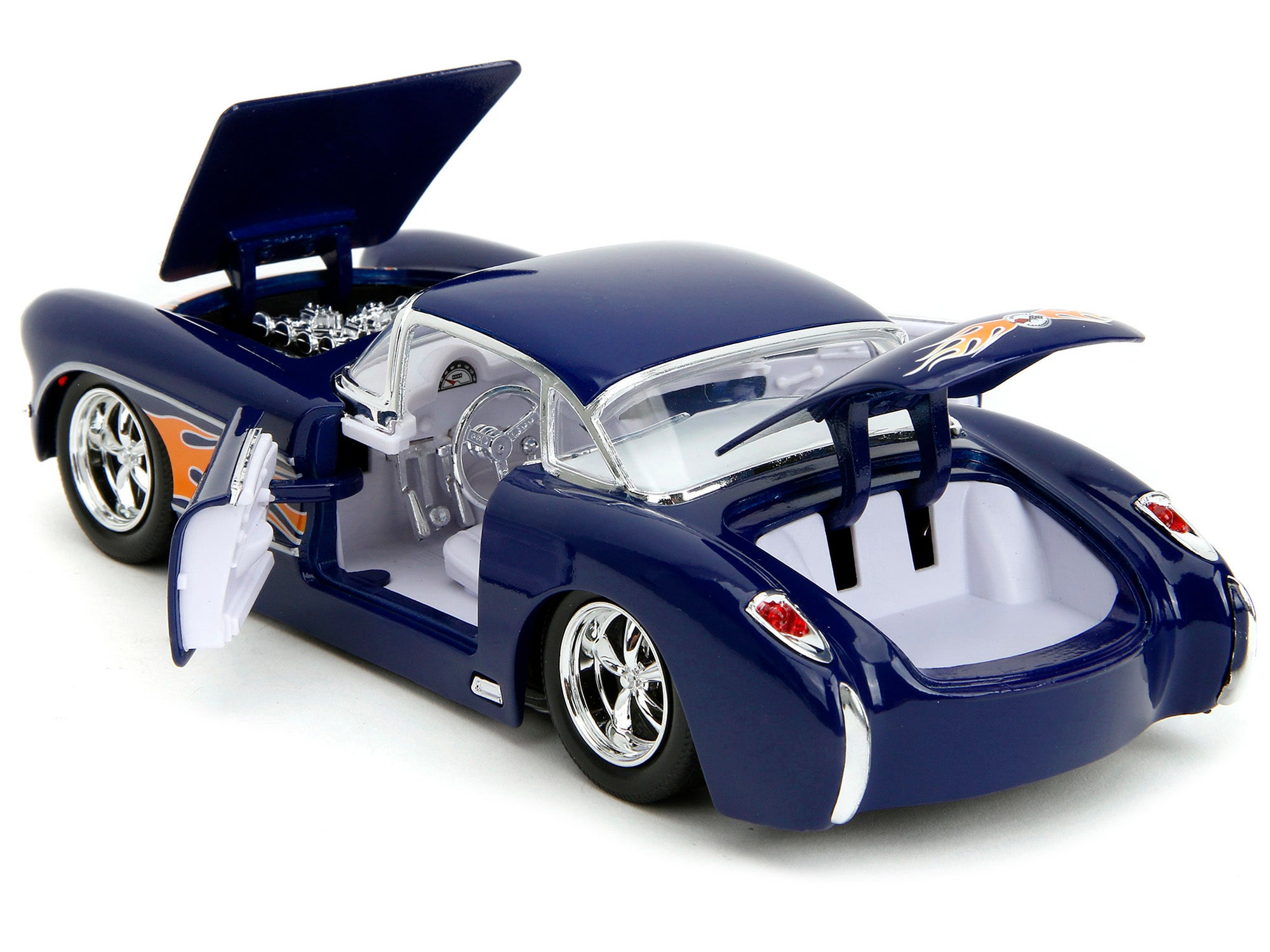 1957 Chevrolet Corvette Dark Blue with Flame Graphics and White Interior "Bigtime Muscle" Series 1/24 Diecast Model Car by Jada - image 4