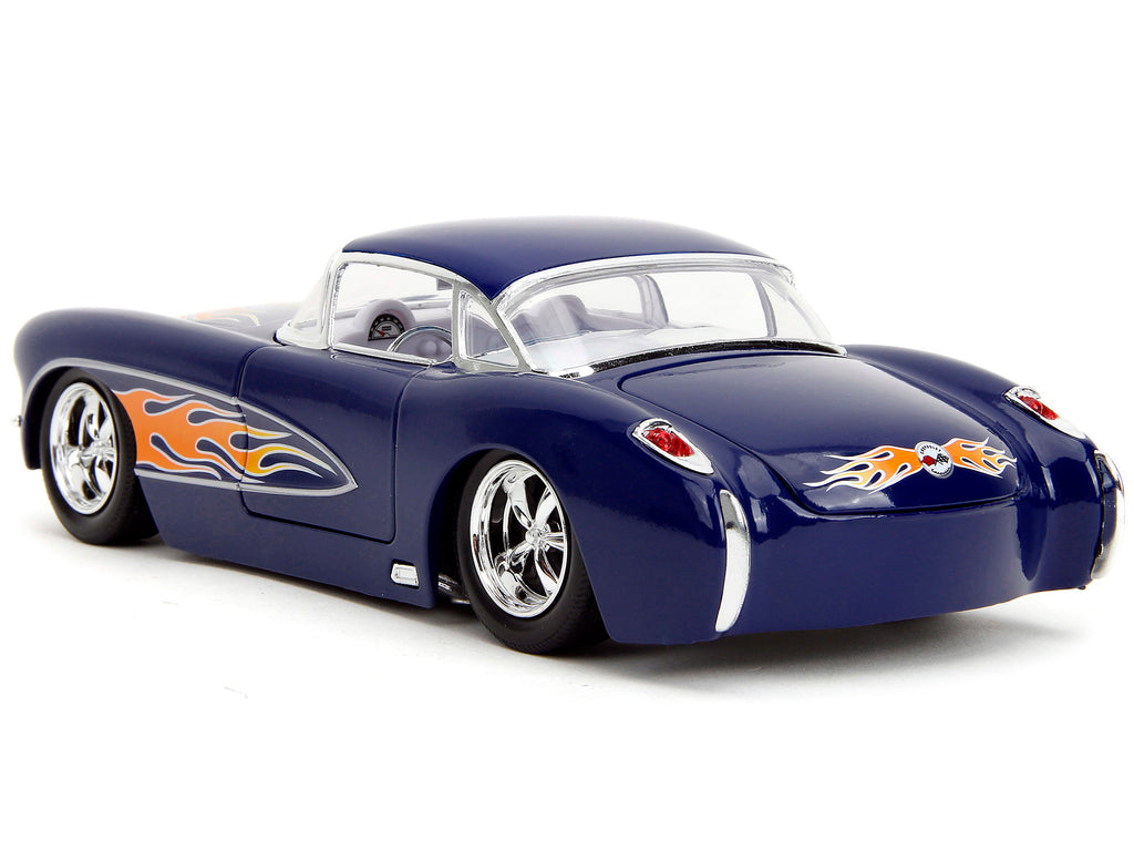 1957 Chevrolet Corvette Dark Blue with Flame Graphics and White Interior "Bigtime Muscle" Series 1/24 Diecast Model Car by Jada - image 5