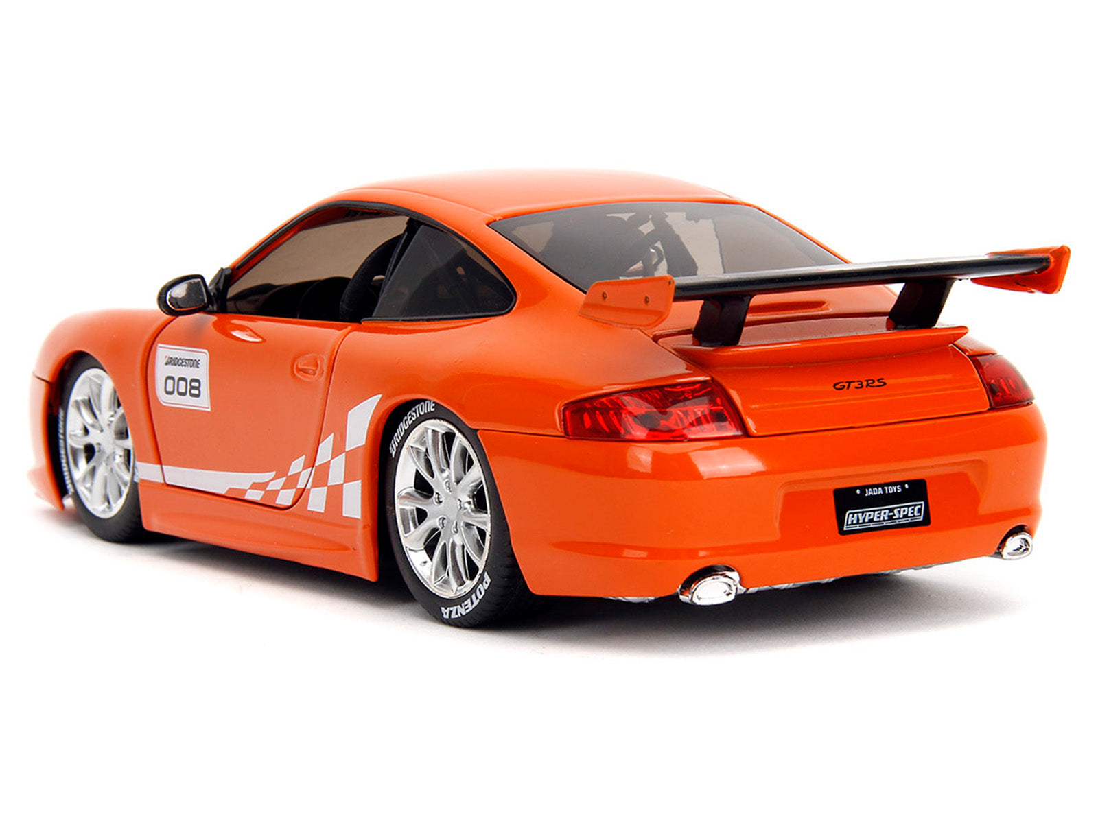 Porsche 911 GT3 RS (996) #008 "Bridgestone" Orange Metallic with White Graphics "Hyper-Spec" Series 1/24 Diecast Model Car by Jada - image 5