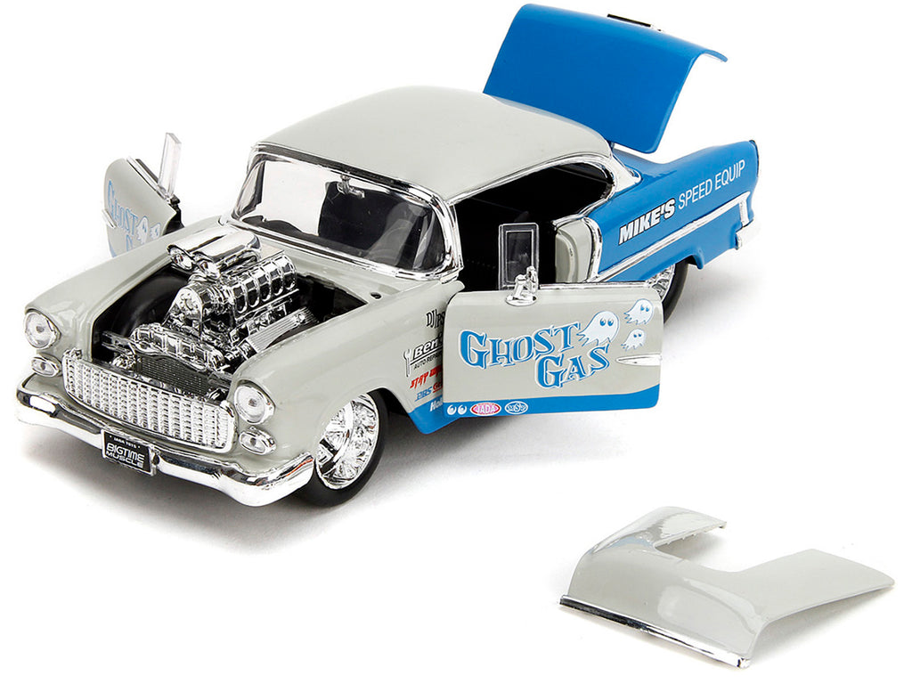 1955 Chevrolet Bel Air "Ghost Gas - Mike's Speed Equip" Light Gray and Blue "Bigtime Muscle" Series 1/24 Diecast Model Car by Jada - image 2