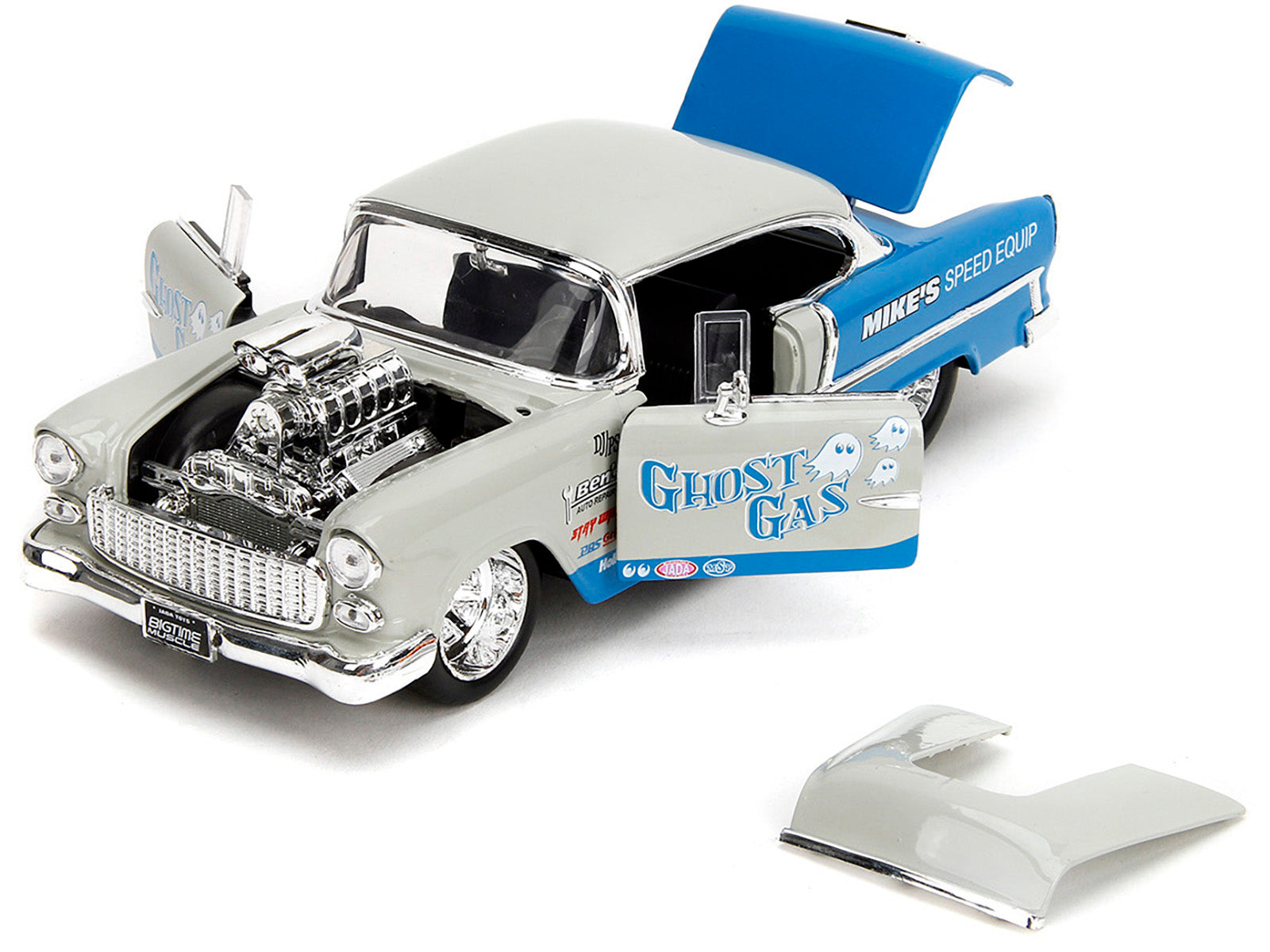 1955 Chevrolet Bel Air "Ghost Gas - Mike's Speed Equip" Light Gray and Blue "Bigtime Muscle" Series 1/24 Diecast Model Car by Jada - image 2