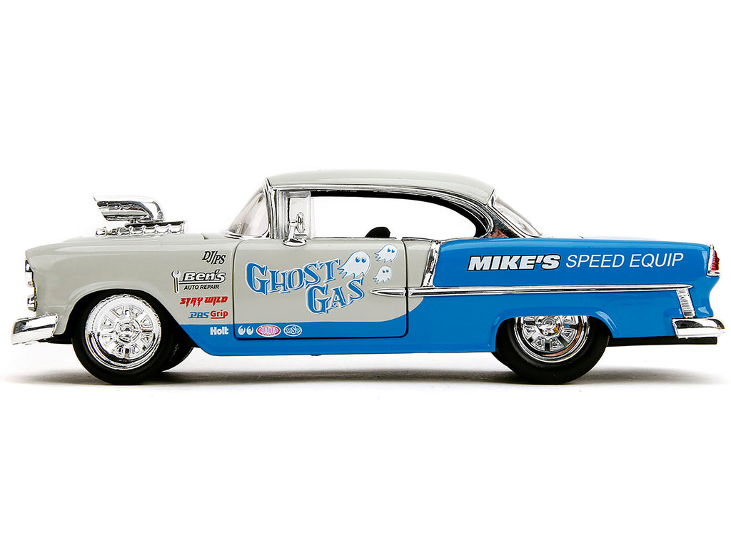 1955 Chevrolet Bel Air "Ghost Gas - Mike's Speed Equip" Light Gray and Blue "Bigtime Muscle" Series 1/24 Diecast Model Car by Jada - image 3