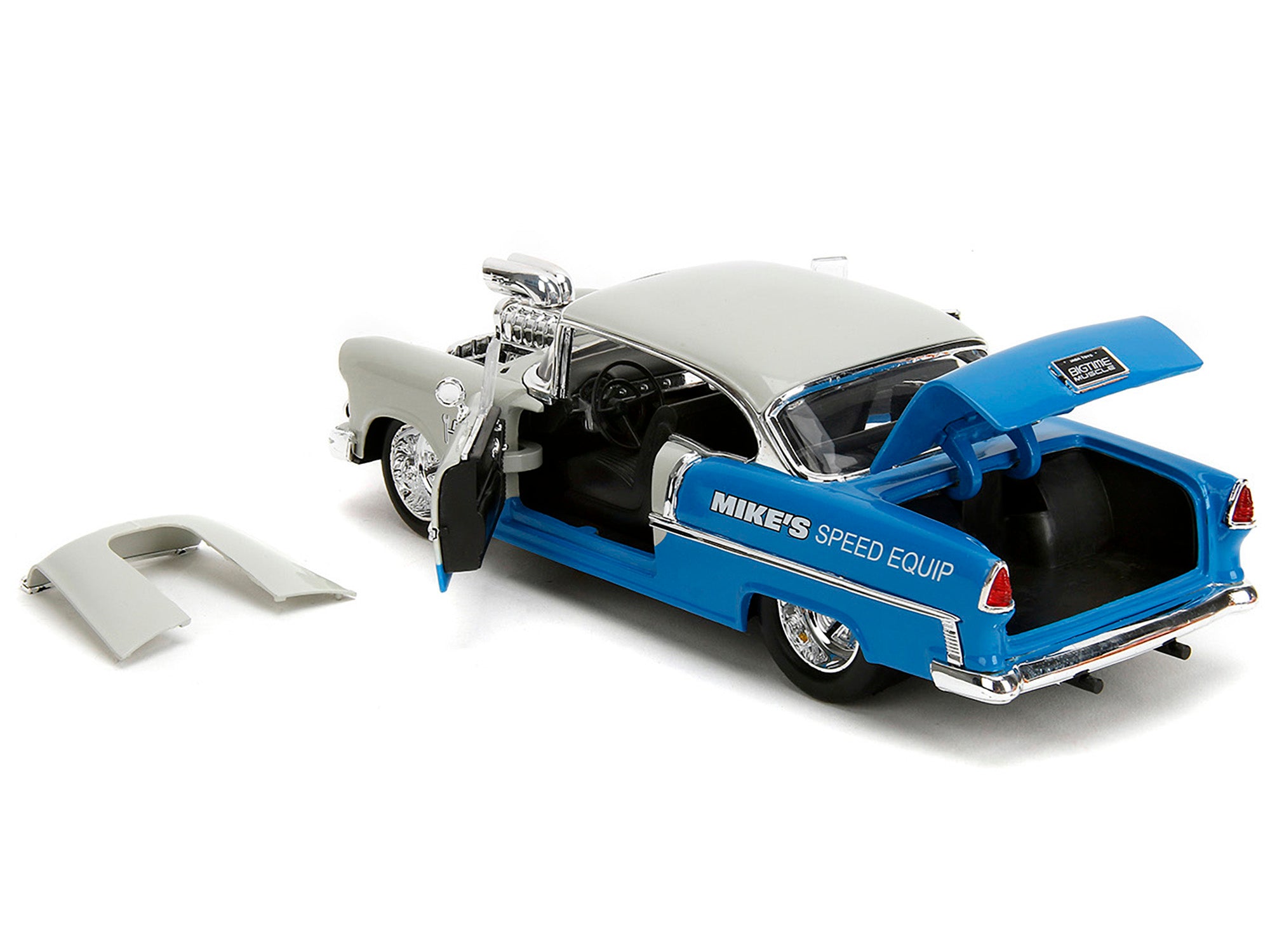 1955 Chevrolet Bel Air "Ghost Gas - Mike's Speed Equip" Light Gray and Blue "Bigtime Muscle" Series 1/24 Diecast Model Car by Jada - image 4