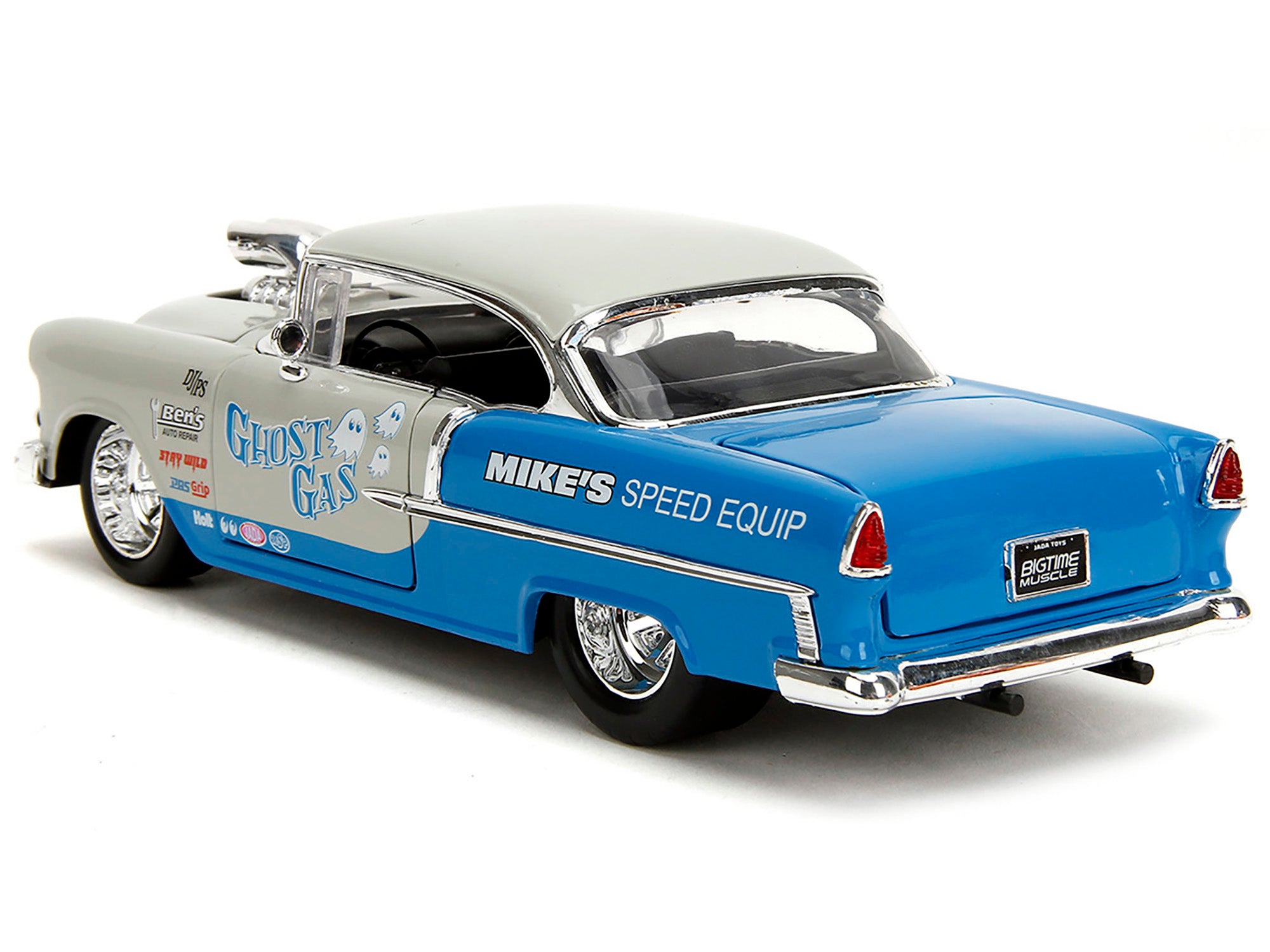 1955 Chevrolet Bel Air "Ghost Gas - Mike's Speed Equip" Light Gray and Blue "Bigtime Muscle" Series 1/24 Diecast Model Car by Jada - image 5