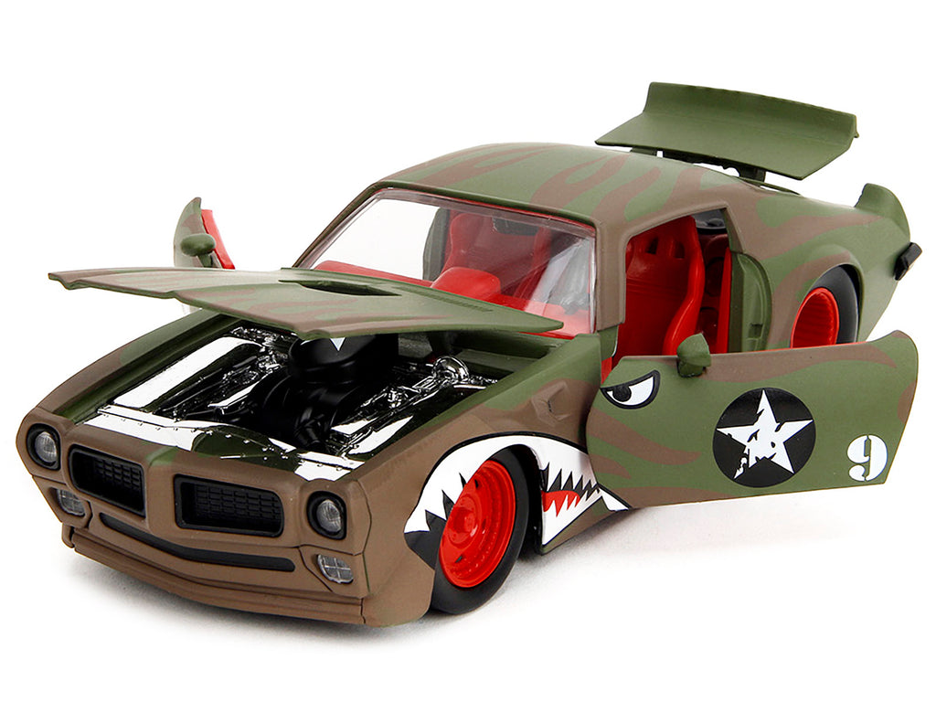 1972 Pontiac Firebird #9 Green Camouflage Flames with Graphics and Red Interior "Bigtime Muscle" Series 1/24 Diecast Model Car by Jada - image 2