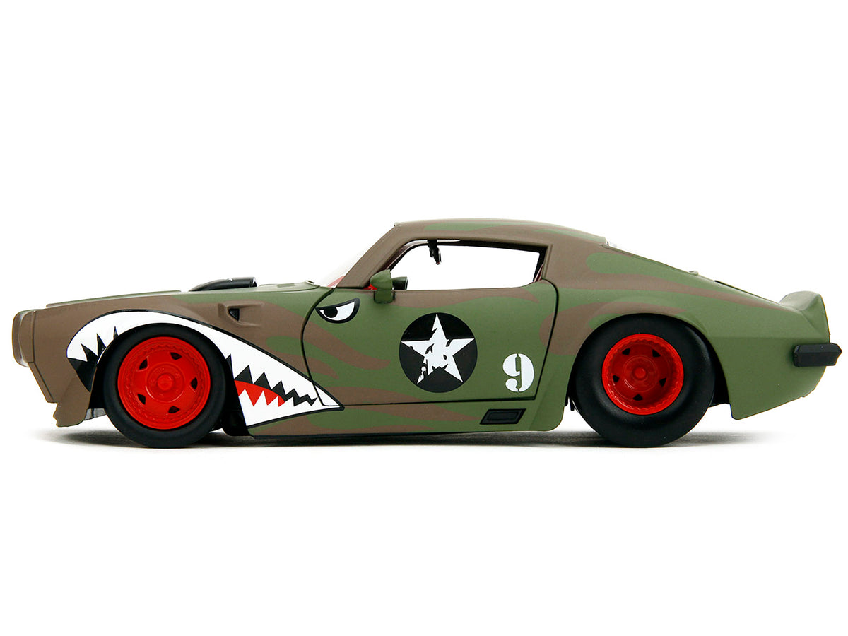 1972 Pontiac Firebird #9 Green Camouflage Flames with Graphics and Red Interior "Bigtime Muscle" Series 1/24 Diecast Model Car by Jada - image 3