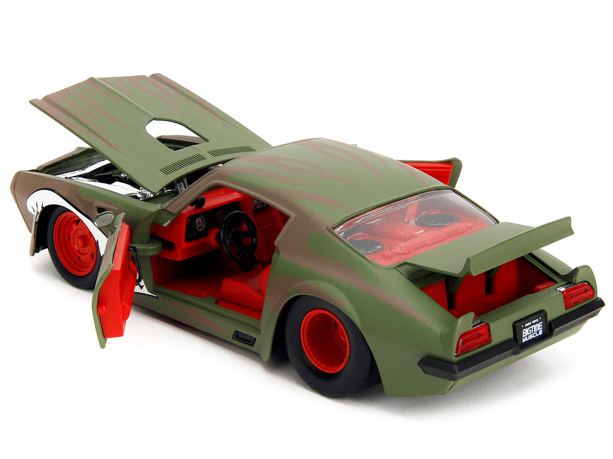 1972 Pontiac Firebird #9 Green Camouflage Flames with Graphics and Red Interior "Bigtime Muscle" Series 1/24 Diecast Model Car by Jada - image 4