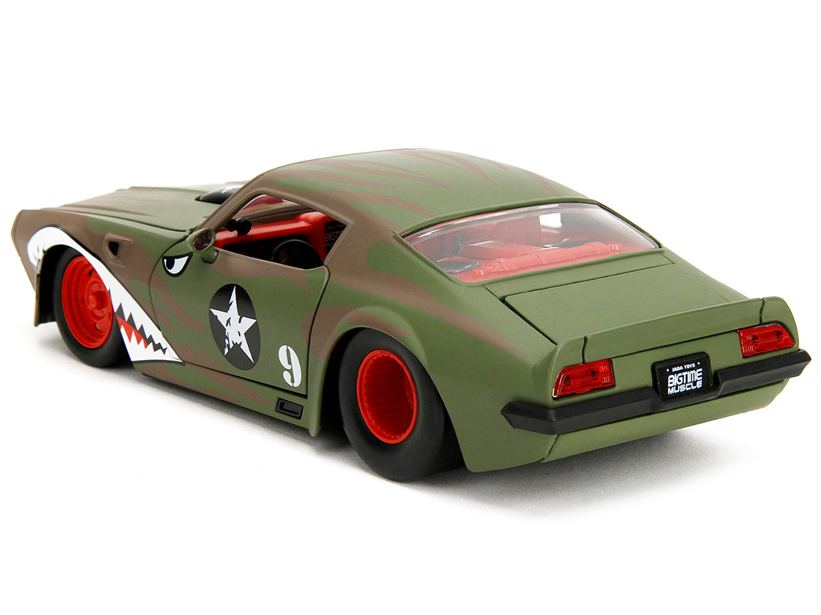 1972 Pontiac Firebird #9 Green Camouflage Flames with Graphics and Red Interior "Bigtime Muscle" Series 1/24 Diecast Model Car by Jada - image 5