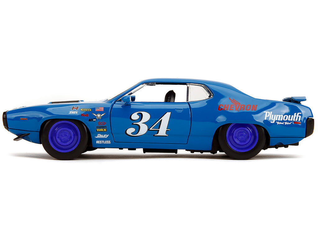1972 Plymouth GTX #34 Blue with Graphics "Bigtime Muscle" Series 1/24 Diecast Model Car by Jada - image 3